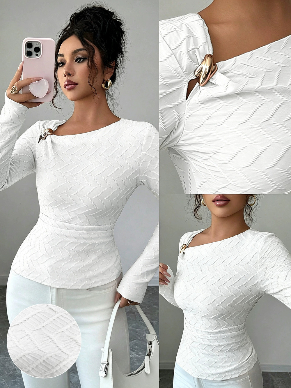 ZARA Fall Winter Asymmetrical Neck Metal Button Long Sleeve Slim Solid Top